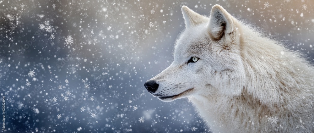 Fototapeta premium A serene portrait of a white wolf amidst falling snowflakes in a wintry landscape.