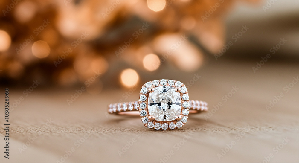 Diamond ring with rose gold setting elegant wedding ring luxurious jewelry close-up Diamond ring with rose gold setting elegant wedding ring luxurious jewelry close-up