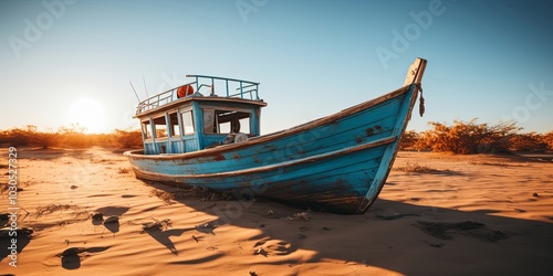 A solitary weathered blue boat rests on a vast expanse of golden sand under a clear sky, the sun setting in the distance casting long shadows across the landscape.