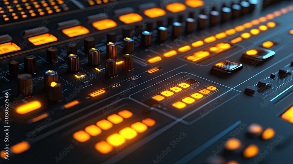 A detailed view of an audio mixing board in a professional sound studio, with glowing indicators and controls.