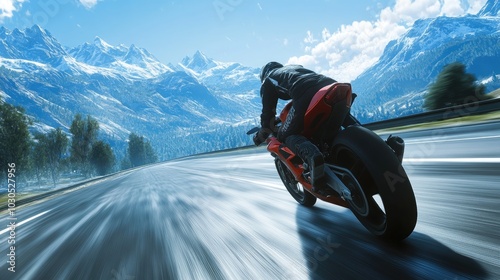 A dynamic shot of a biker riding at high speed on a highway, with the mountain landscape in the background.