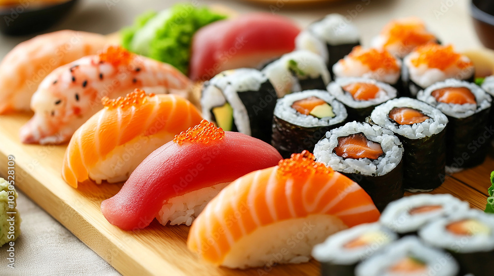 Fresh sushi rolls arranged on a wooden platter vibrantly Fresh sushi rolls arranged on a wooden platter vibrantly