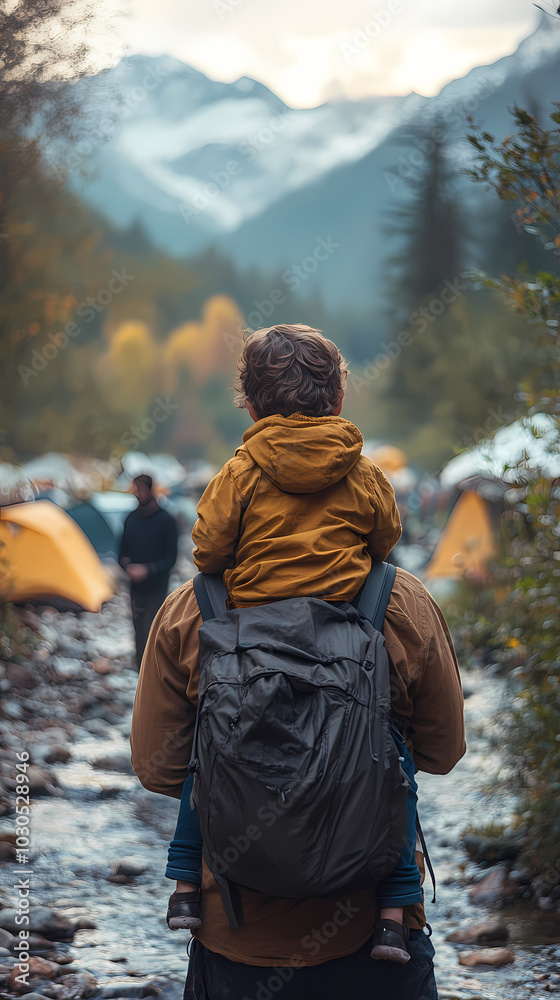 Rear view father carry boy on shoulder in outdoor camping Rear view father carry boy on shoulder in outdoor camping