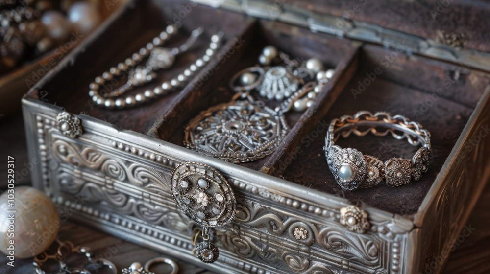 An antiquestyle jewelry box made of tarnished silver housing an assortment of heirloominspired necklaces and rings. An antiquestyle jewelry box made of tarnished silver housing an assortment of heirloominspired necklaces and rings.