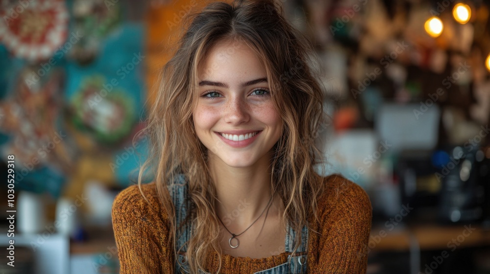 A young woman with long brown hair and blue eyes smiles at the camera while sitting in a cafe. A young woman with long brown hair and blue eyes smiles at the camera while sitting in a cafe.