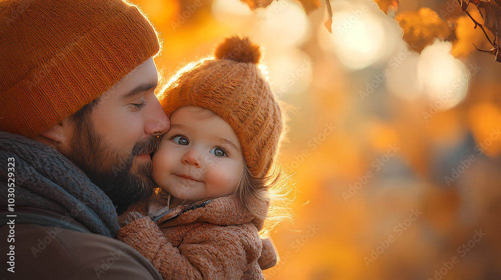 Obraz premium young father play with a little daughter in autumn park. Dad holding baby girl in hands. Happy family