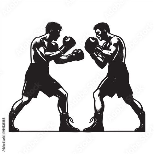 Fight Night Boxers Locked in Fierce Combat Stance , black colour vactor 