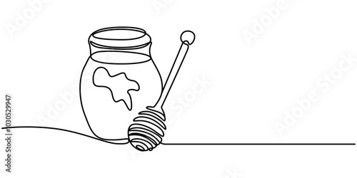 A continuous line drawing of a honey jar with a dipper, Continuous one line drawing of fresh delicious sweet honey pot. Isolated on white background vector illustration. Pro vector, Honey Pot