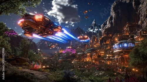 A futuristic landscape with flying vehicles and illuminated buildings amidst vibrant flora.