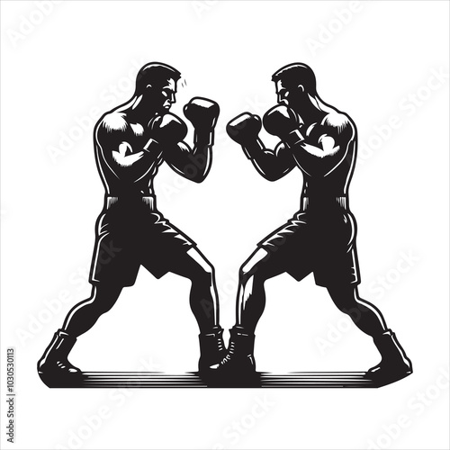 Fight Night Boxers Locked in Fierce Combat Stance , black colour vactor 