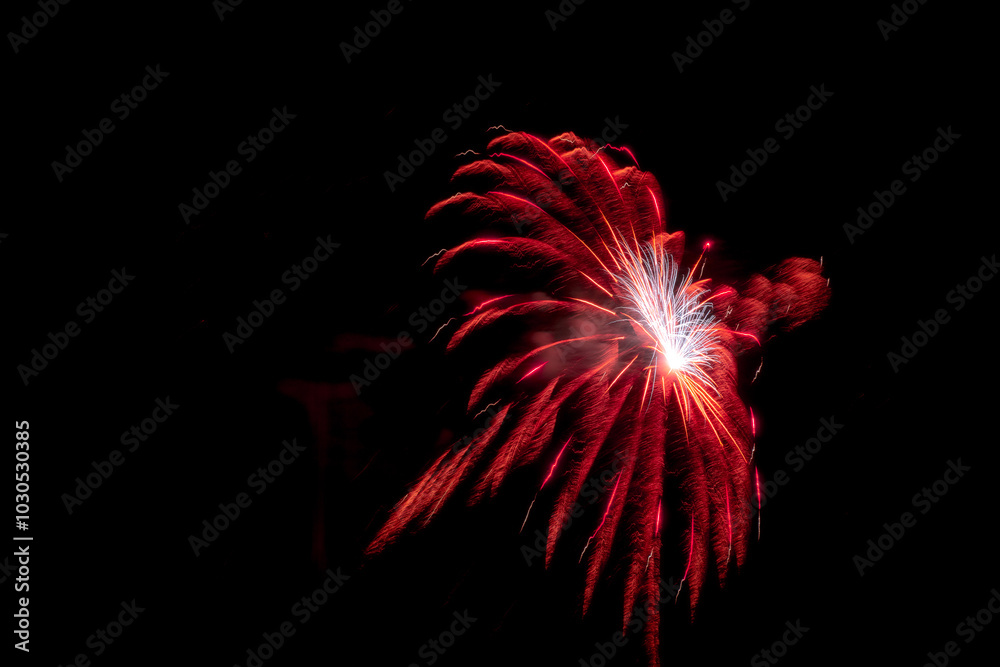 Red Fireworks On The Background Of The Dark Night Sky in Dalmine (BG),Italy, show for New Year's eve Red Fireworks On The Background Of The Dark Night Sky in Dalmine (BG),Italy, show for New Year's eve