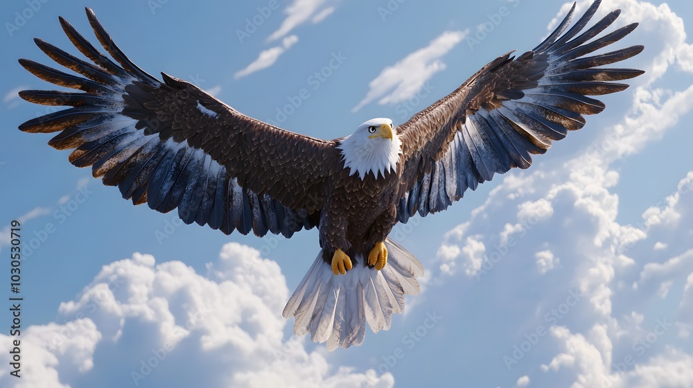 Naklejka premium A majestic Bald Eagle soaring high against a backdrop of fluffy clouds.