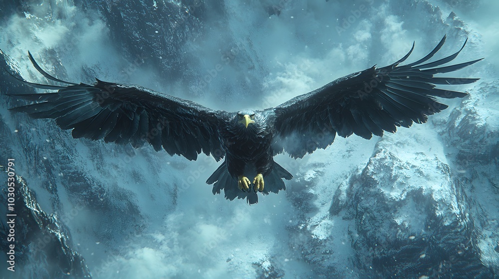 Fototapeta premium Majestic eagle soaring through a snowy mountainous landscape.