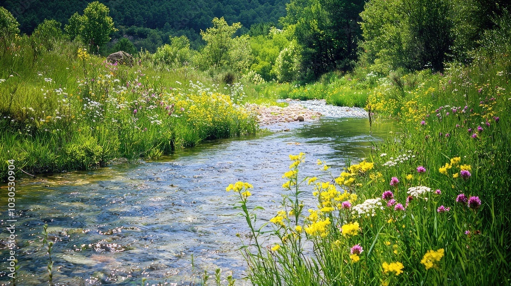 Fototapeta premium Serene View of Peaceful River and Mountain Landscape