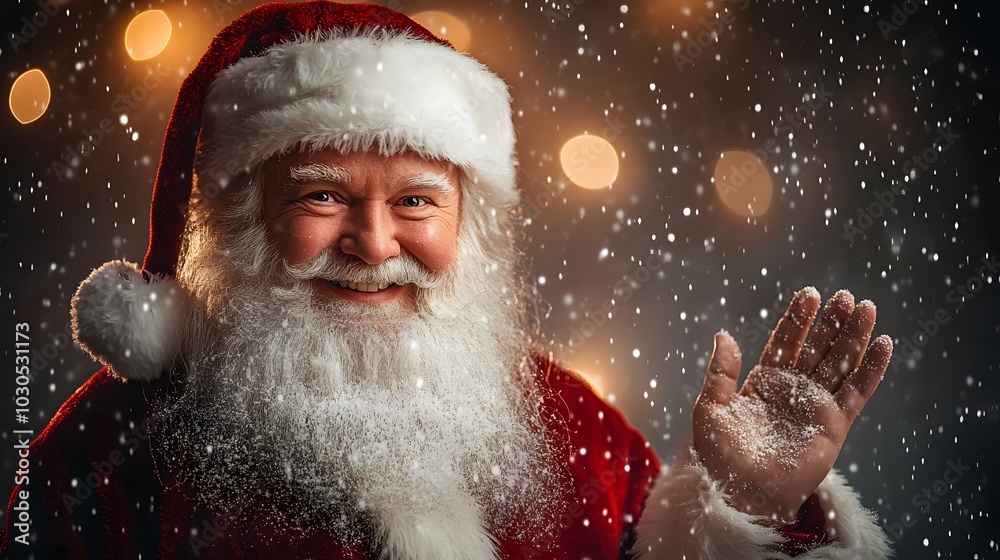 Jolly Santa Claus with white beard and red suit, waving cheerfully amidst falling snow. Jolly Santa Claus with white beard and red suit, waving cheerfully amidst falling snow.