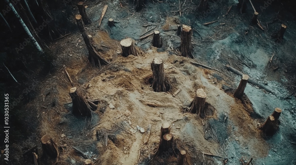 Large sections of a devastated rainforest with trees cut down and exposed stumps, illustrating deforestation's impact on the ecosystem Large sections of a devastated rainforest with trees cut down and exposed stumps, illustrating deforestation's impact on the ecosystem