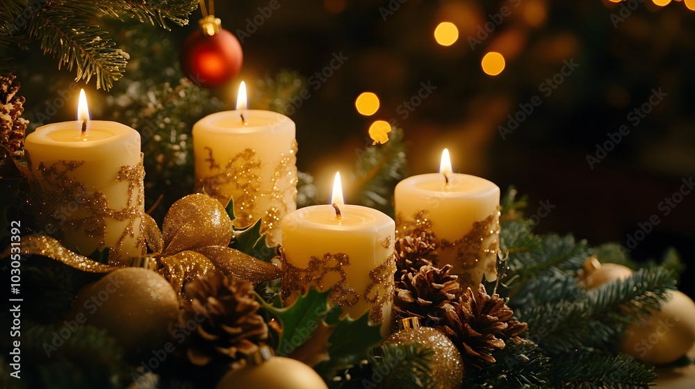 Four elegant candles glow in a festive arrangement with pinecones and ornaments. Four elegant candles glow in a festive arrangement with pinecones and ornaments.