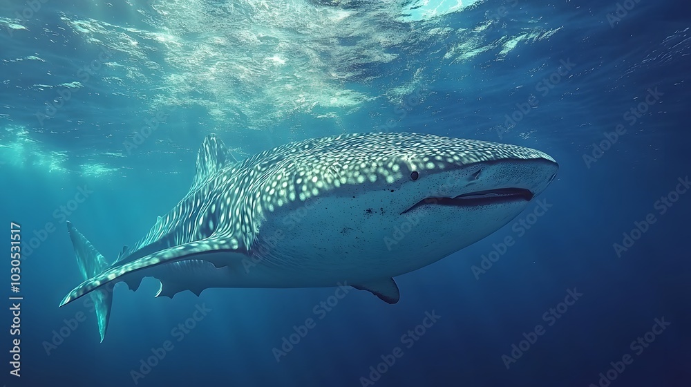 Fototapeta premium Majestic whale shark swimming gracefully in clear blue waters.
