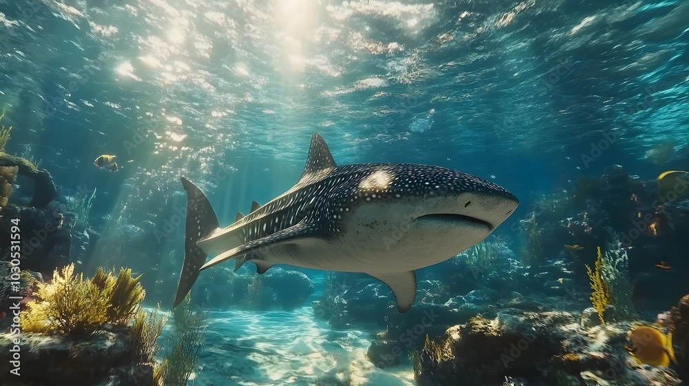 Fototapeta premium A majestic whale shark gliding through vibrant underwater scenery.