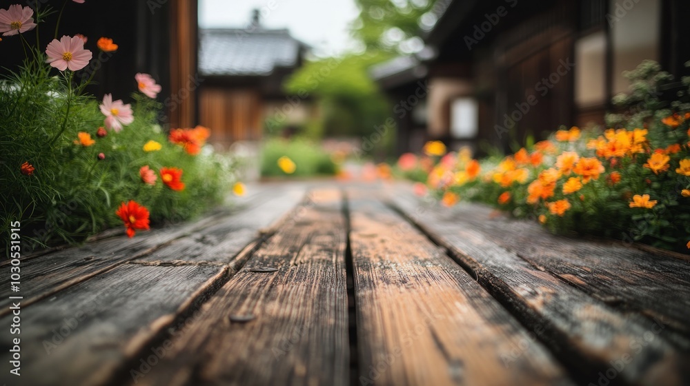 A serene wooden pathway lined with colorful flowers in a tranquil garden setting. A serene wooden pathway lined with colorful flowers in a tranquil garden setting.