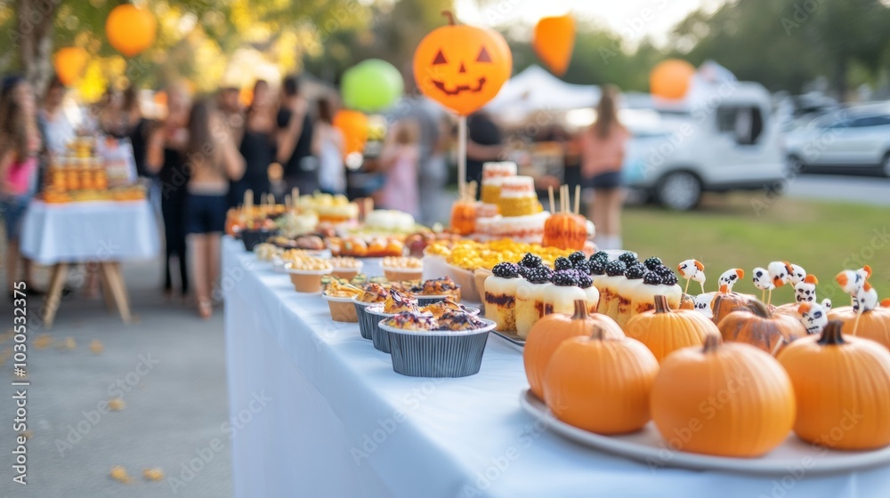 American Halloween street party at dusk tables overflowing with pumpkin-themed foods American Halloween street party at dusk tables overflowing with pumpkin-themed foods