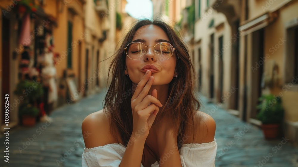 A young woman with long brown hair and glasses is sitting on a cobblestone street with old buildings on either side. She is wearing a white off-the-shoulder top and looking at the camera with a slight A young woman with long brown hair and glasses is sitting on a cobblestone street with old buildings on either side. She is wearing a white off-the-shoulder top and looking at the camera with a slight