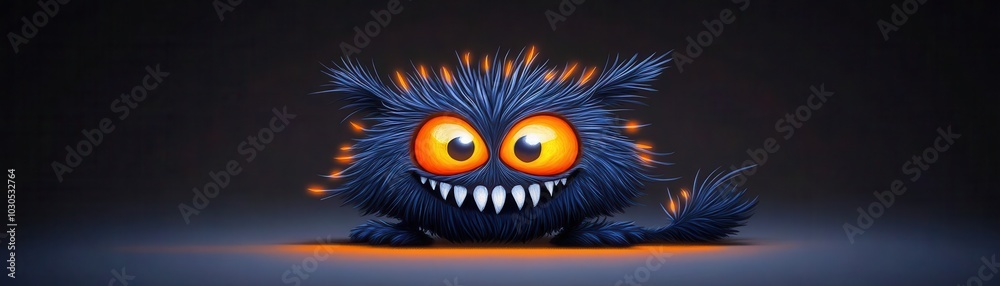 Obraz premium Petite, grotesque beast with a toothy grin, detailed illustration, dark background, glowing orange highlights