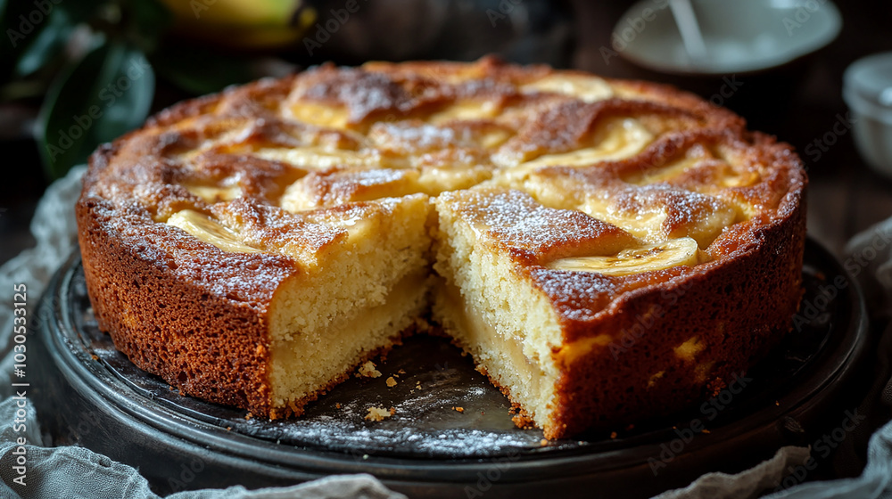 Freshly baked banana cake with a golden crust sliced Freshly baked banana cake with a golden crust sliced