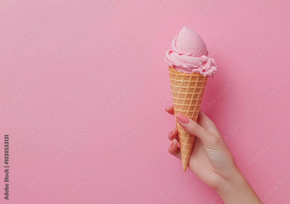Hand holding an ice cream cone on a pastel pink background. Hand holding an ice cream cone on a pastel pink background.