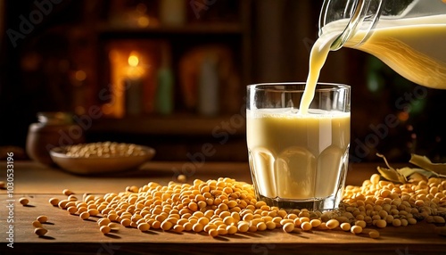 A glass of milk surrounded by wheat ears and grains, evoking a cozy breakfast scene with a warm beverage