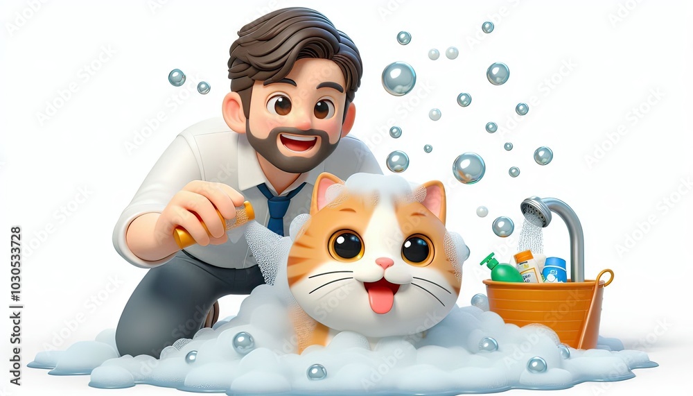 Naklejka premium Man Bathing Cat with Bubbles.