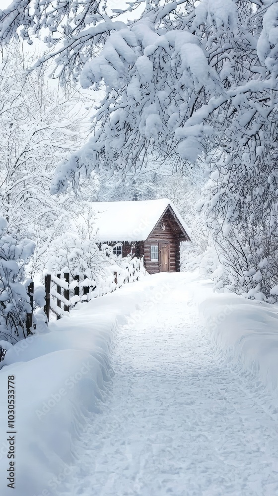 Naklejka premium Serene Snowy Path to Cozy Cabin Retreat