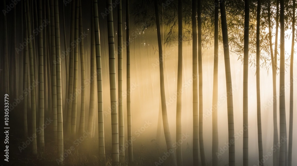 A serene bamboo forest shrouded in mist, creating a tranquil and atmospheric scene. A serene bamboo forest shrouded in mist, creating a tranquil and atmospheric scene.