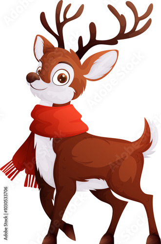 Illustration of a cheerful cartoon reindeer with large antlers and a red scarf, perfect for Christmas, holiday, and winter-themed designs.