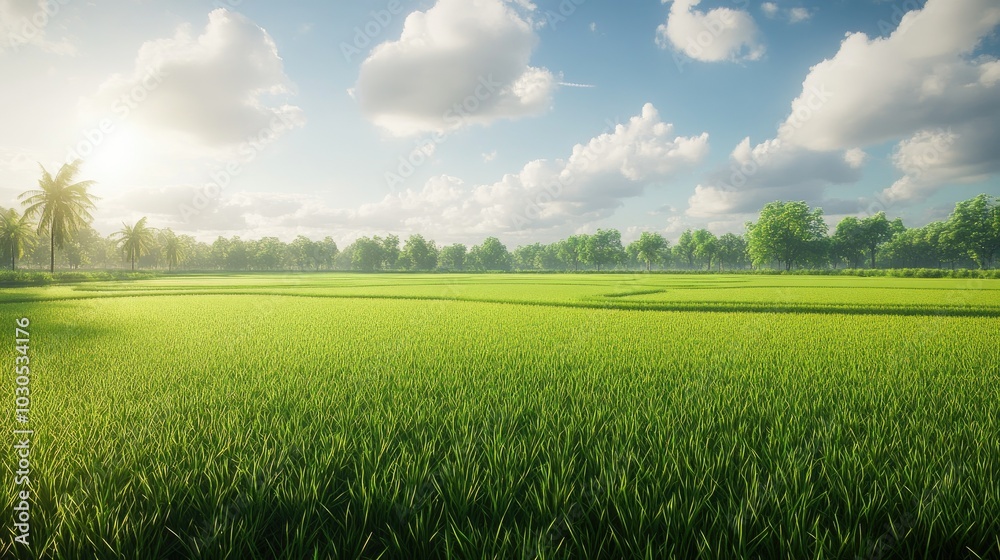 Obraz premium Green rice fields with clear skies and sunshine