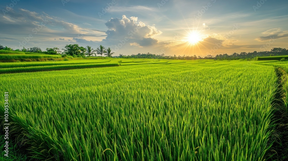 Green rice fields with clear skies and sunshine Green rice fields with clear skies and sunshine