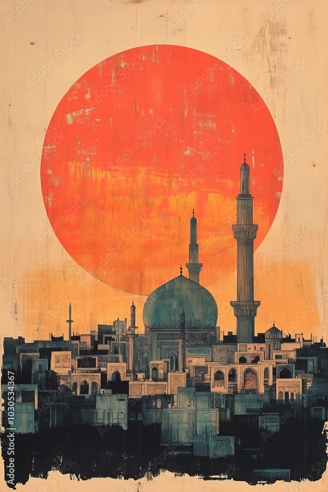 Obraz premium Qom, classic traditional wood block print effect. Woodblock printing. Graphic designed, illustration for travel poster, card, wallpaper, backdrop or banner. Modern, trendy