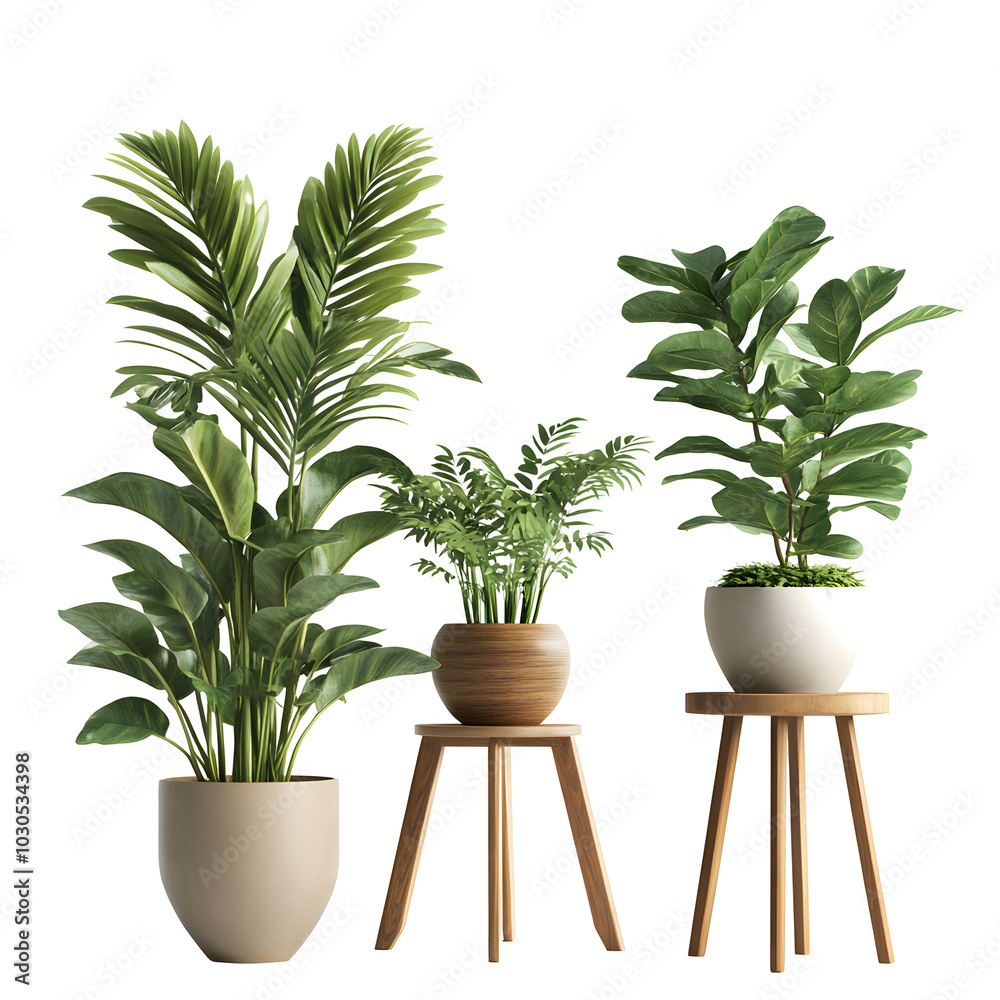 Fototapeta premium Three Potted Plants on Wooden Stools