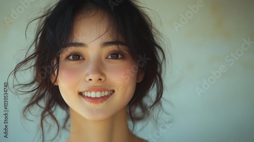 indoor portrait of a smiling young asian woman radiating positivity against a softly lit background capturing warmth and approachability in a personal and inviting manner