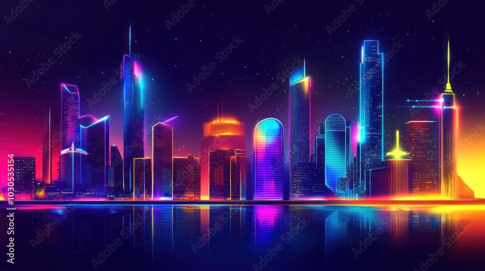 Neon city skyline glowing in bright colors, creating a cyberpunk atmosphere with futuristic energy. Neon city skyline glowing in bright colors, creating a cyberpunk atmosphere with futuristic energy.