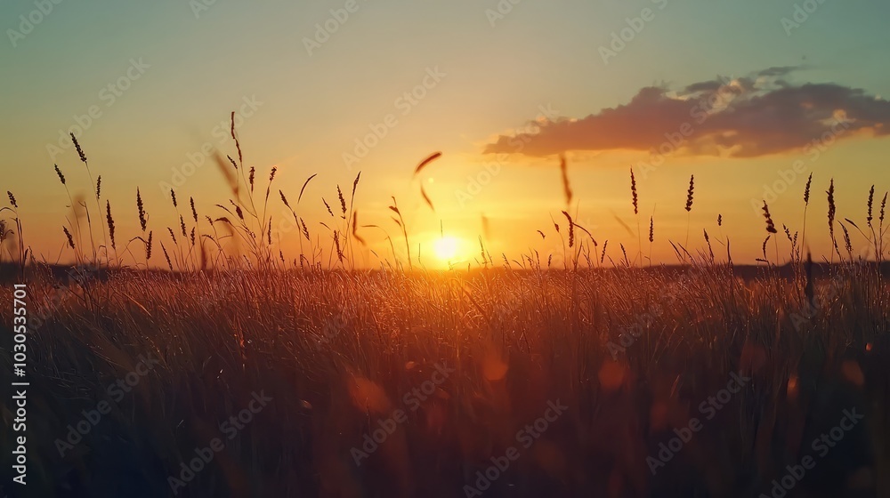 Obraz premium Serene Sunset Over Grass Field
