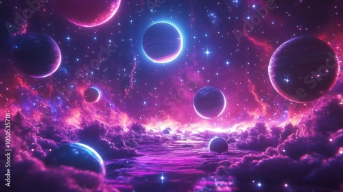 Neon cosmic scene with glowing planets and stars floating in a vast, colorful universe.