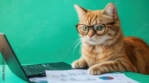 Clever Cat Working on Business Analysis at Desk