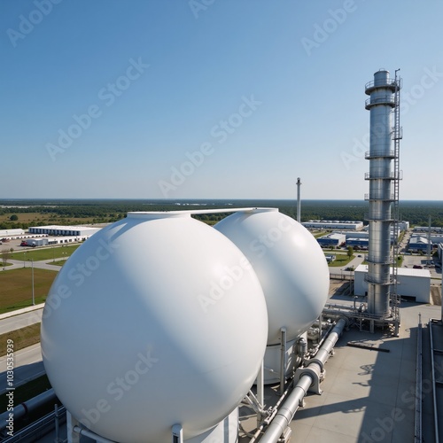 A modern petrochemical factory features spherical BPVC gas tanks in a setting with clear blue skies and other storage tanks for cryogenic liquids under the gaze of a processing station photo