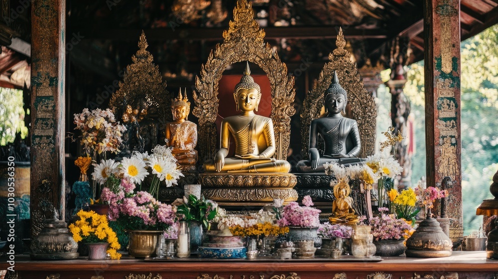 Fototapeta premium A serene Thai temple adorned with numerous Buddha statues, each radiating spiritual beauty and calm, creating an atmosphere of reverence