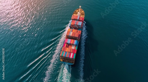 A large container ship with red, white, and blue stripes sails through blue and green waters, carrying colorful shipping containers in a wave pattern.