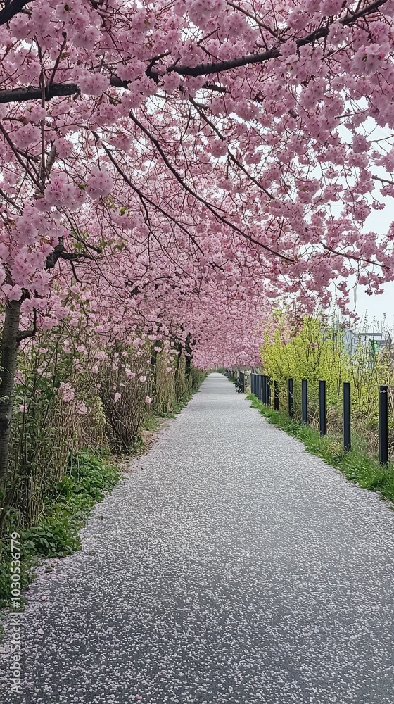 Serene Walkway under Blooming Cherry Blossoms Serene Walkway under Blooming Cherry Blossoms