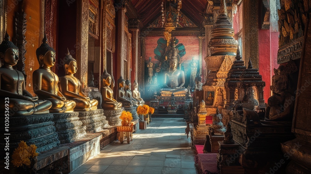 Fototapeta premium A beautiful Thai temple filled with sacred Buddha statues, exuding an atmosphere of faith and spiritual peace, perfect for cultural photography