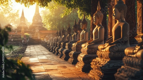 A beautiful Thai temple with rows of ornate Buddha statues, exuding spiritual serenity and inviting reverence, perfect for cultural photography