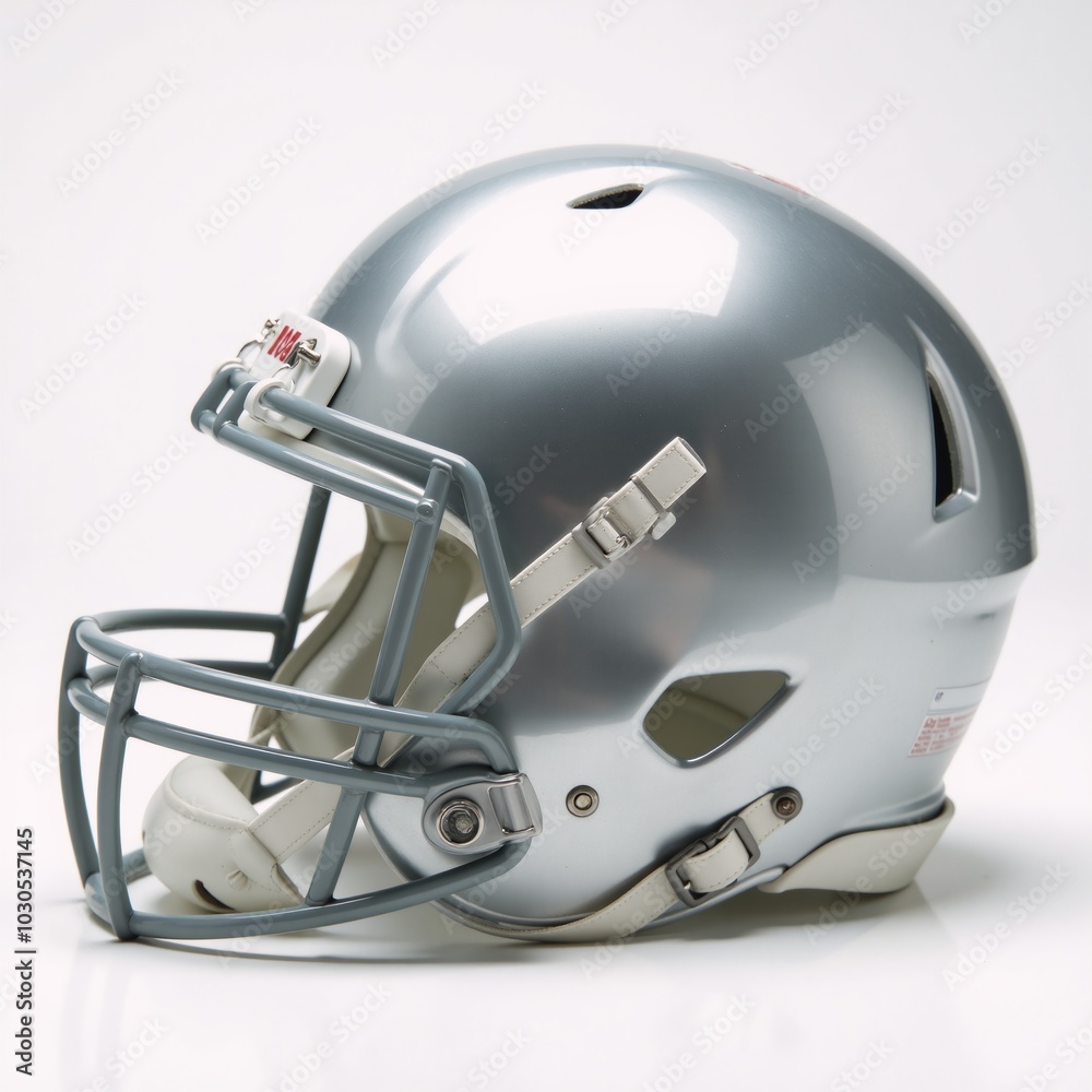 Fototapeta premium High-angle view Shiny silver football helmet with facemask and white pads